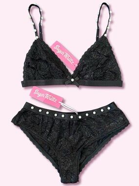 Sugar Thrillz Show N Tell Lace Bralette & Panties S NWT Black Lingerie Dollskill
